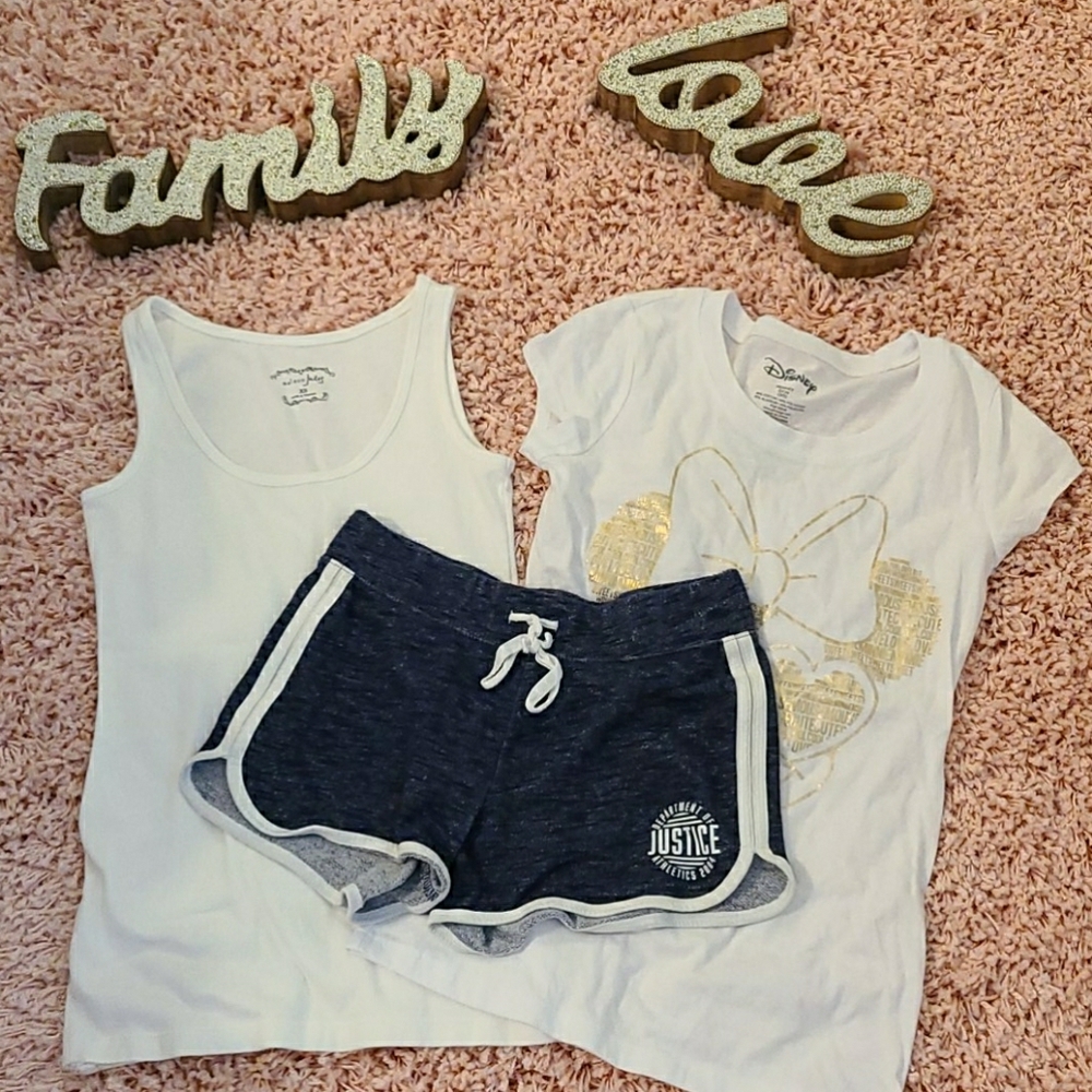 Navy blue and white Justice brand shorts.